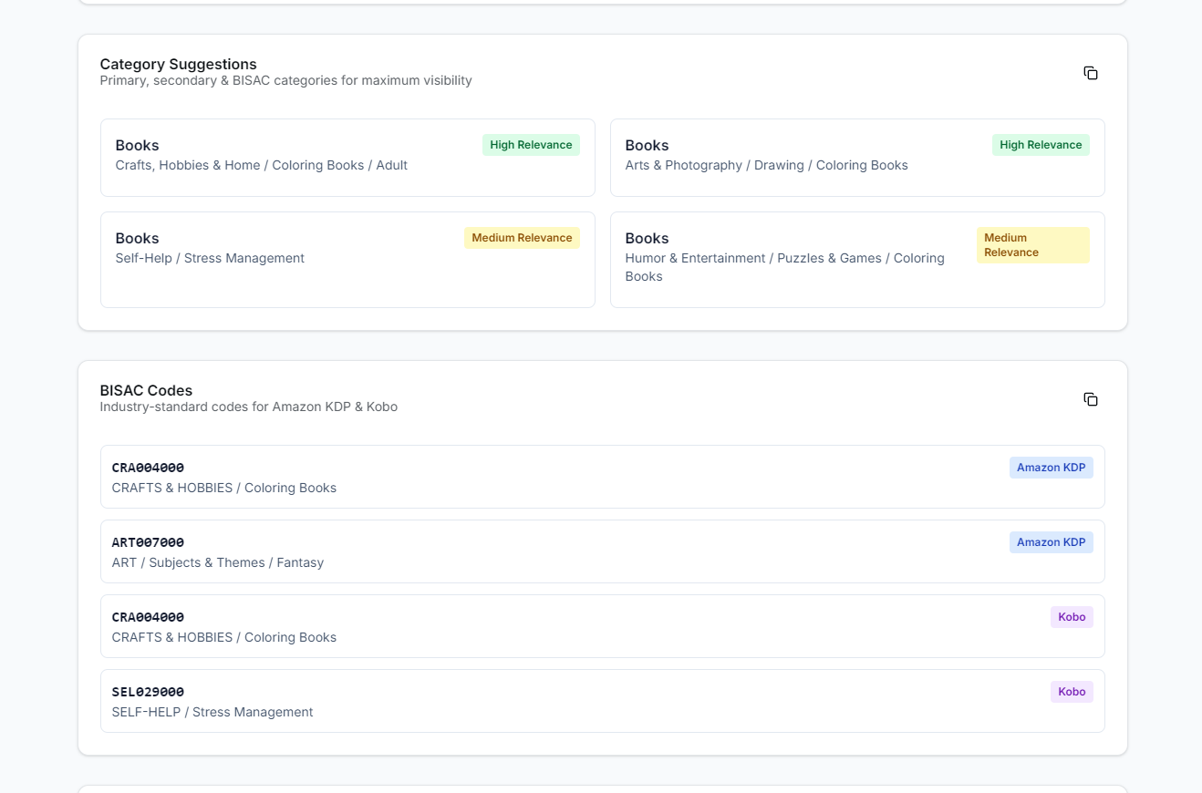 BookOptimizer output: Category Suggestions & BISAC Codes