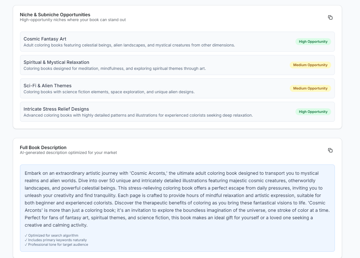 BookOptimizer output: Niche Opportunities & Book Description