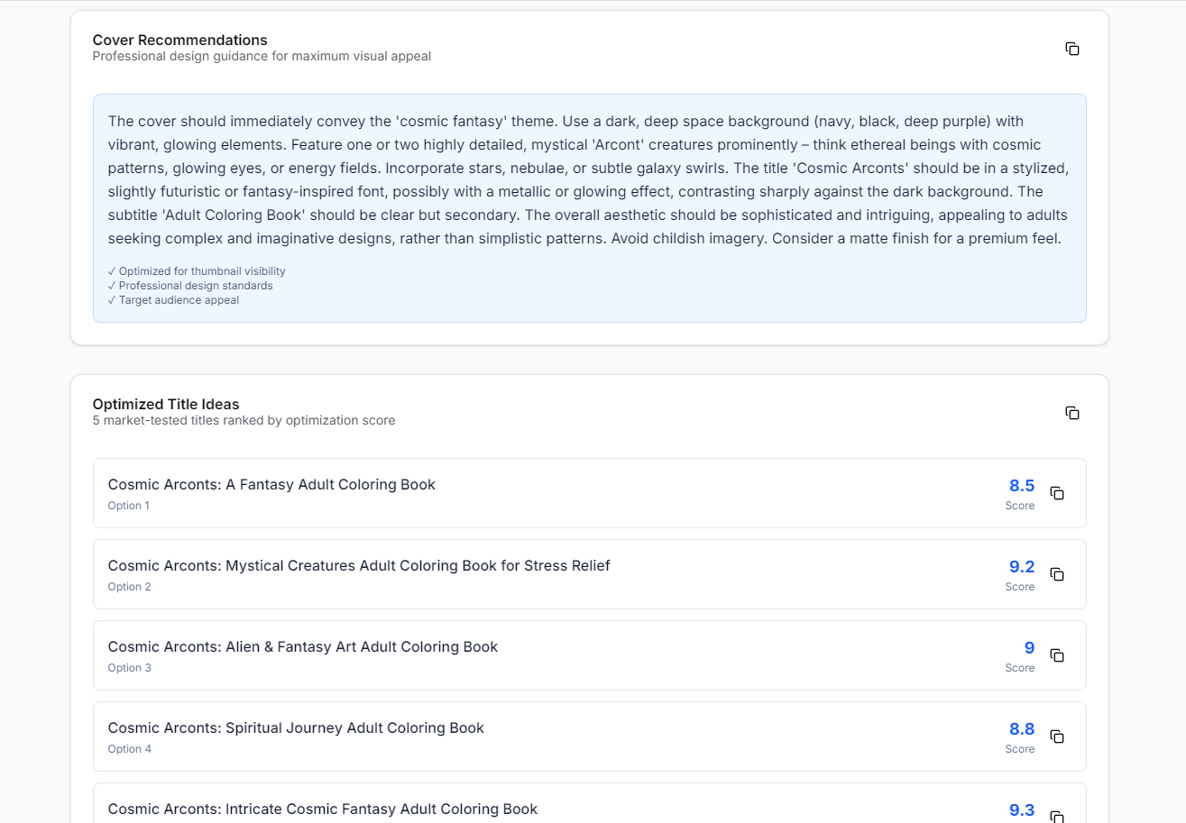 BookOptimizer output: Cover Recommendations & Title Ideas